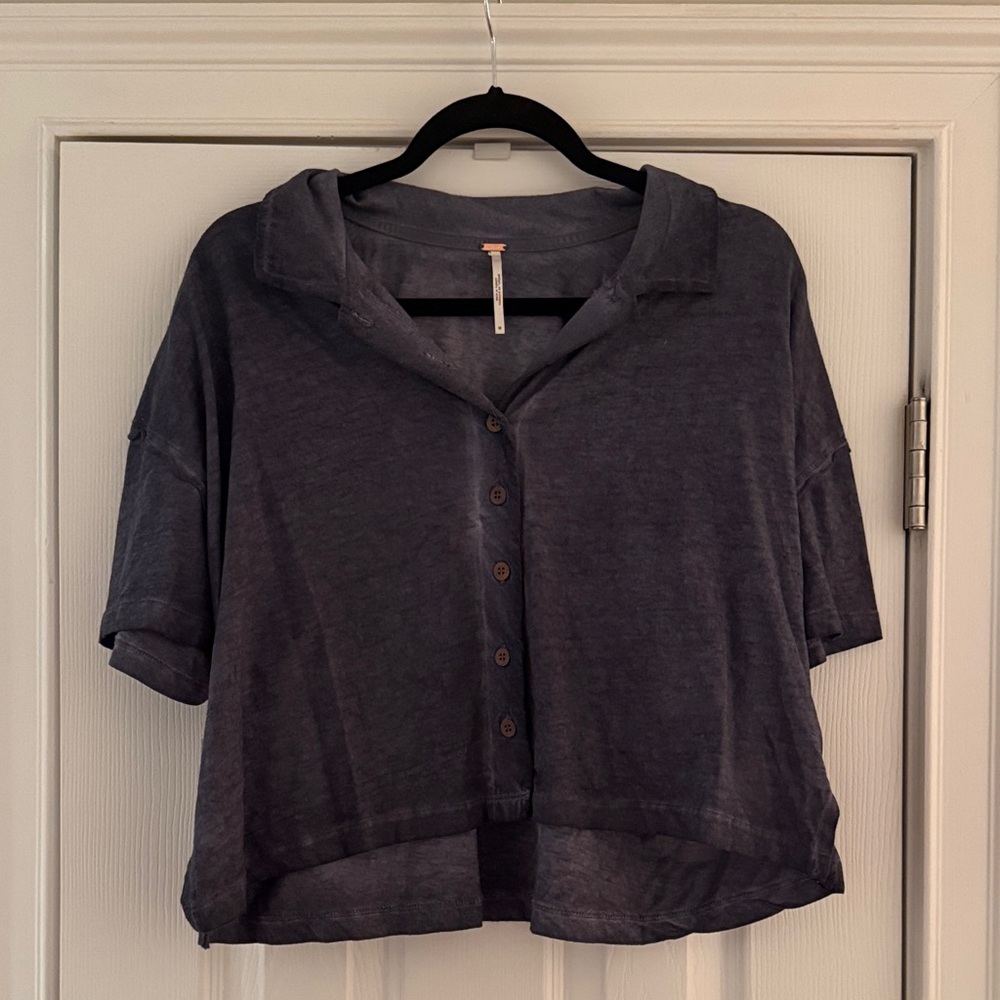 Dark Blue Button-Up Cropped Shirt